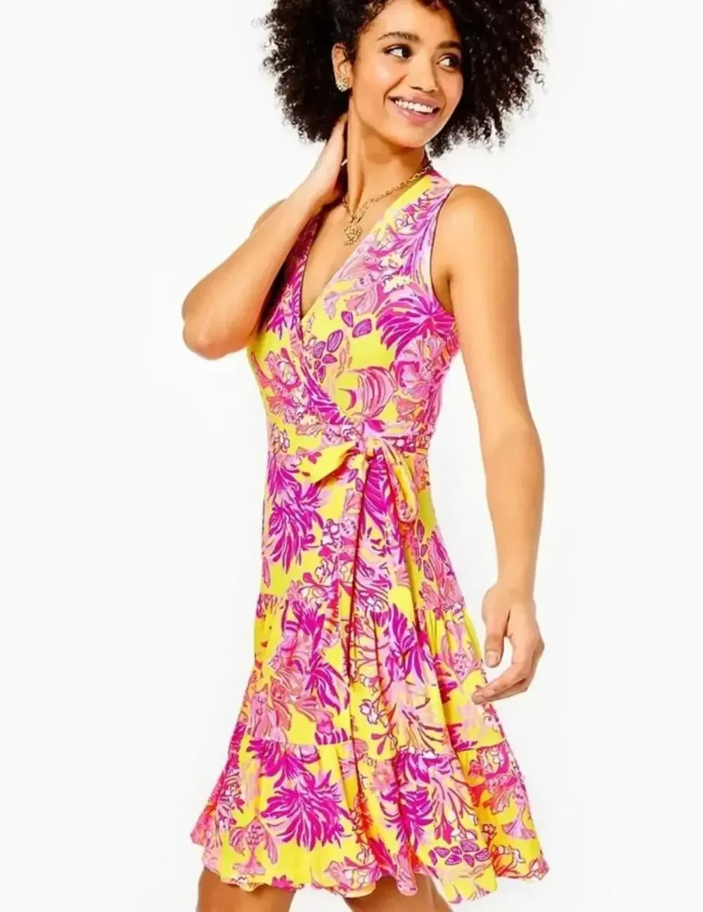 Lilly Pulitzer Folly Floral Wrap Dress Calla Yellow Floral Coral Sleeveless Sz L - Picture 1 of 12
